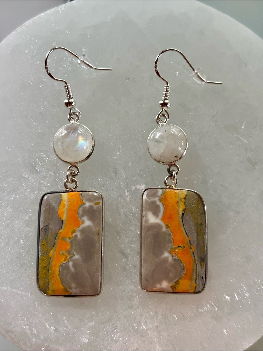 Moonstone & Bumblebee Jasper Dangle Earrings – Sterling Silver – One-of-a-Kind